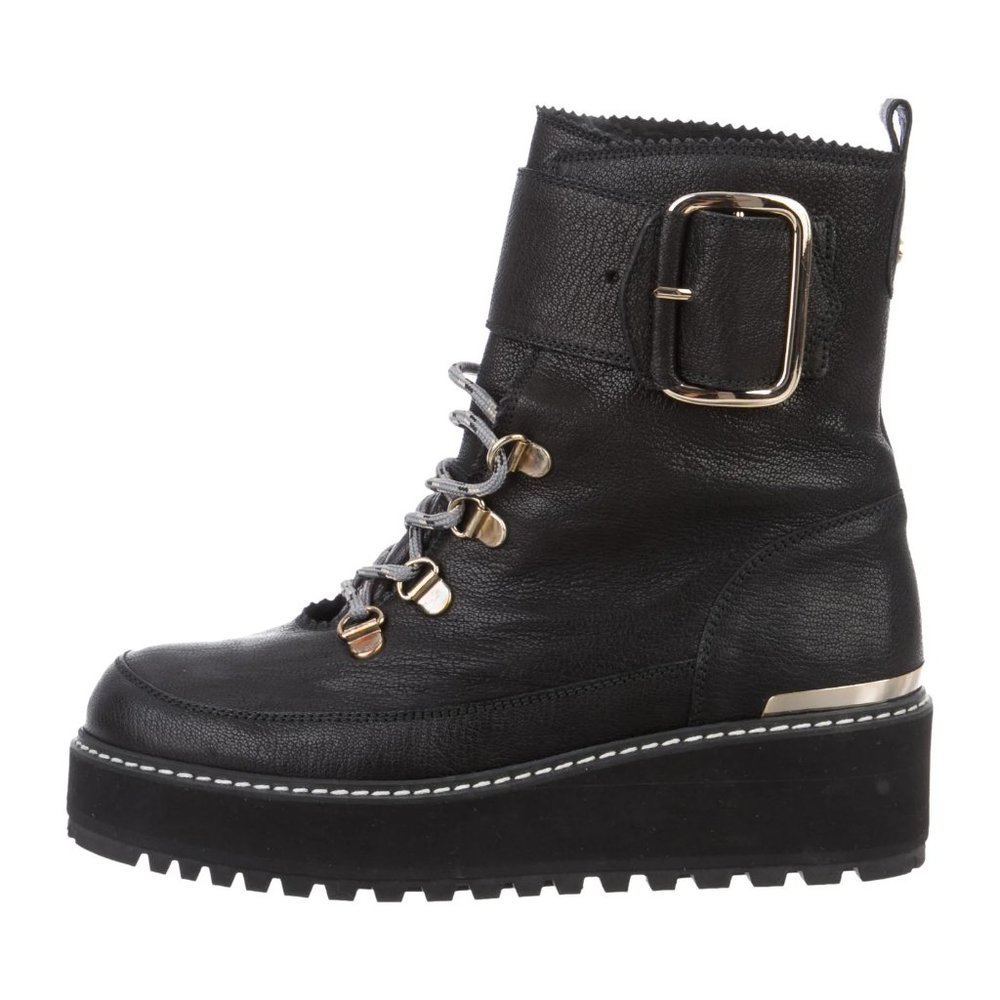 Stuart Weitzman black faux fur lined, lace-up ankle boots, 6.5 New